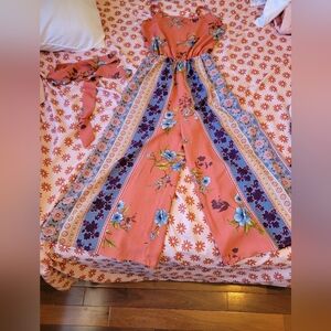 Boho Festival Jumpsuit Coral Floral Print Wide Leg Jumpsuit w/ Belt
